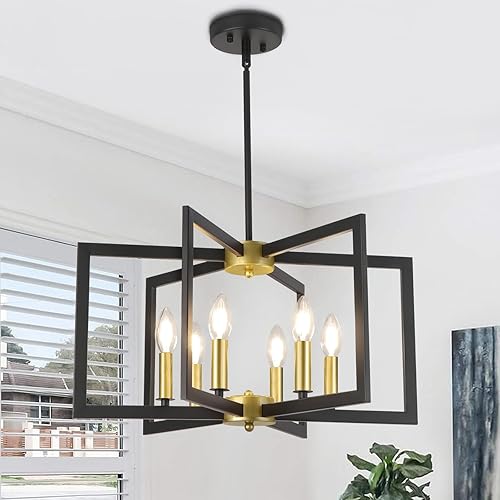Black and Gold Chandelier, 6-Light Modern Geometric Hanging Metal Chandeliers for Dining Room Kitchen Table Island Foyer Entryway Living Room Bedroom