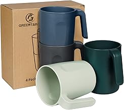 Greentainer Cup with Handles, 4 Coffee Cups, 450 ml Drinking Cups for Children and Adults, Melamine Cups for Water, Milk, Tea, Reusable and Unbreakable, Dishwasher and Microwave Safe