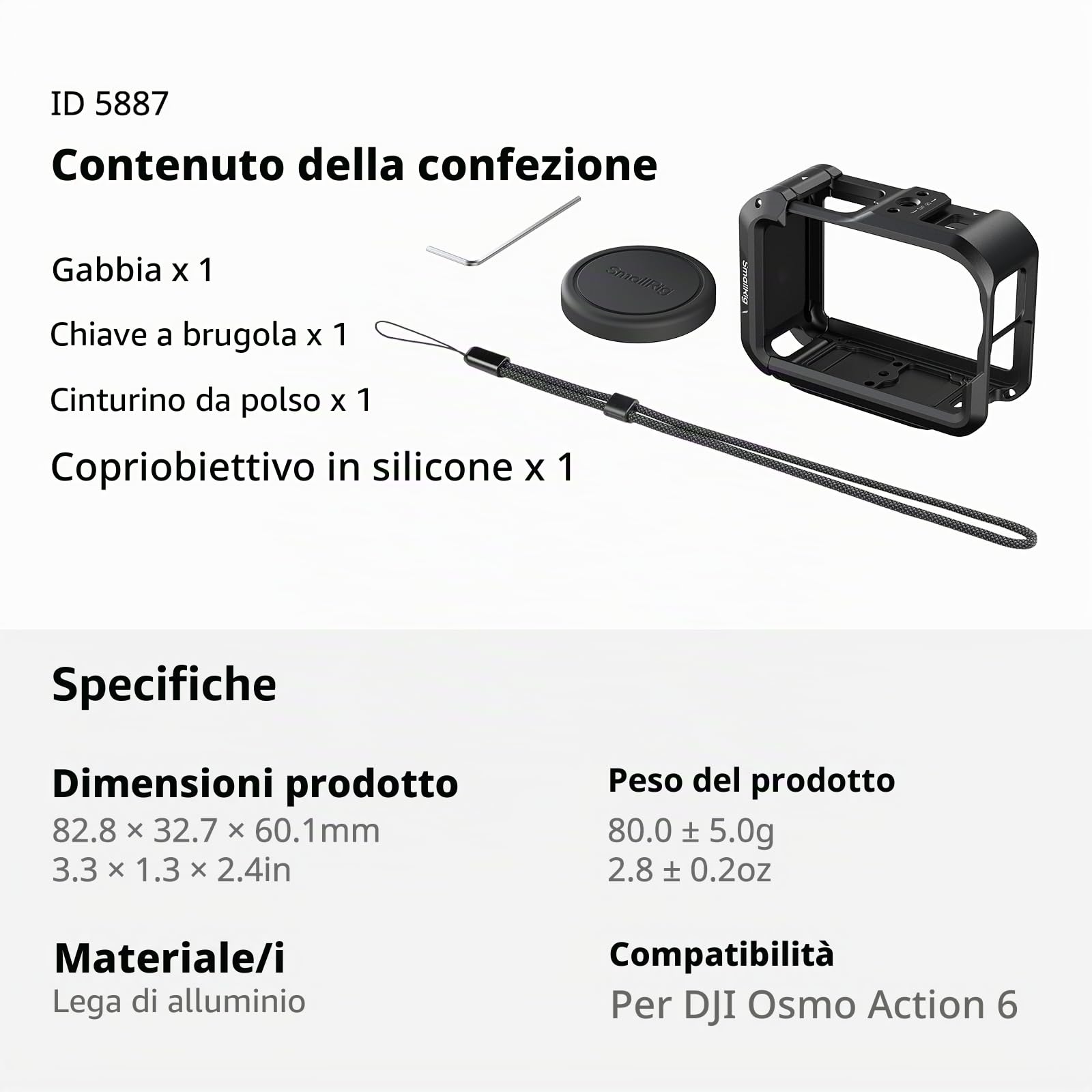 SMALLRIG Cage per DJI Osmo Action 6 (Advanced Edition), gabbia per fotocamera in lega di alluminio con attacco a slitta, cinturino da polso, copriobiettivo, accessori per Action 6-5887