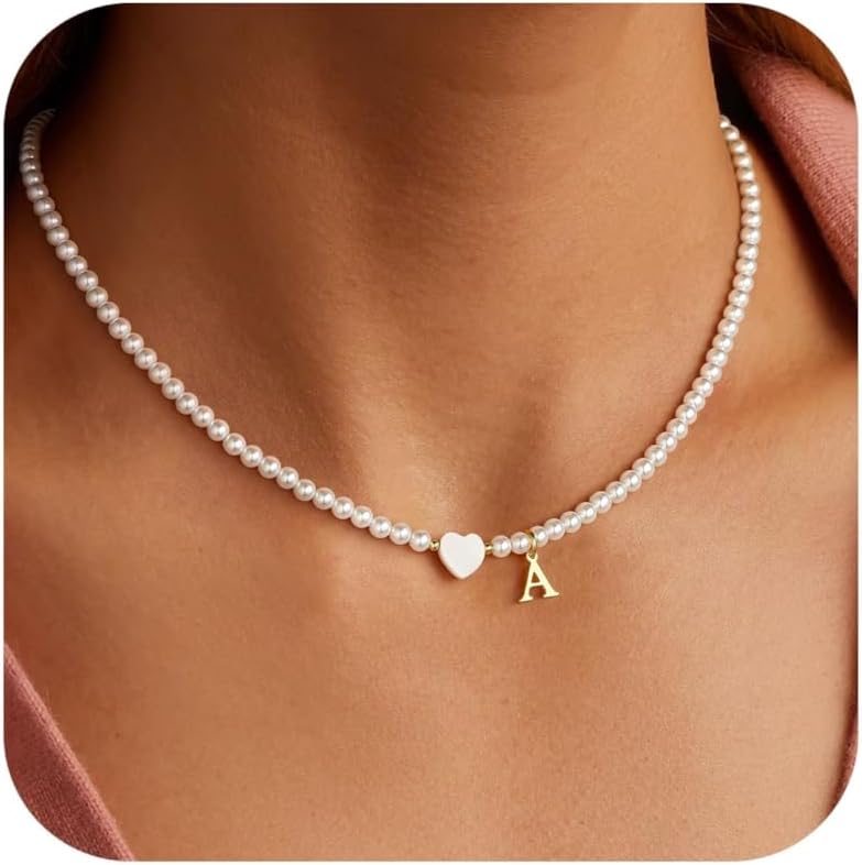 Pearl Initial Necklaces for Women Trendy, Dainty 14K Gold Plated Heart Initial Pearl Pendent Necklace Bridesmaid Proposal Jewelry Personalized Gifts for Women Girls