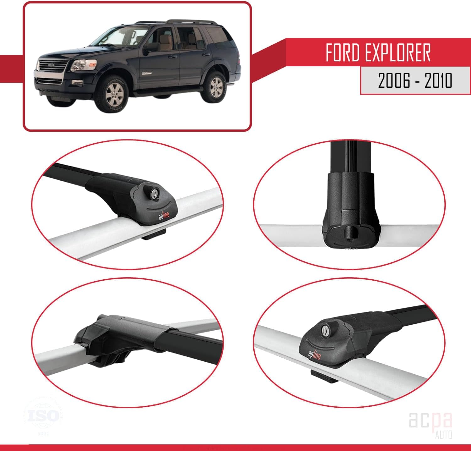 Compatible with Ford Explorer 2006-2010 ACE-1 Car Roof Rack Cross Bar Black Aluminium 2 Bars