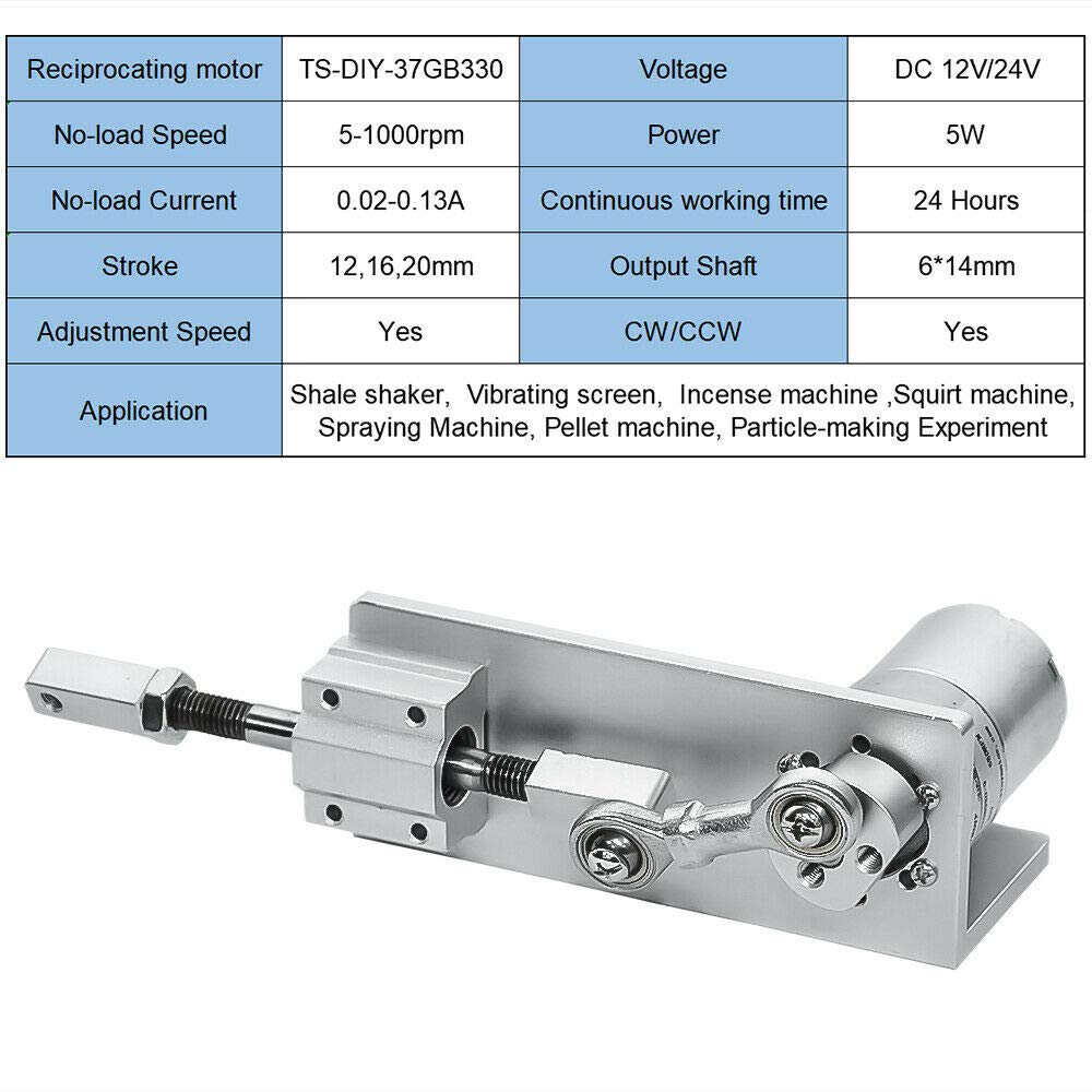 Actuador lineal eléctrico de movimiento, para ciclismo, motor alternativo DC 12 V 24 V con carrera de 12 mm, 16 mm, 20 mm, 12 Volt, 600 rpm., 600