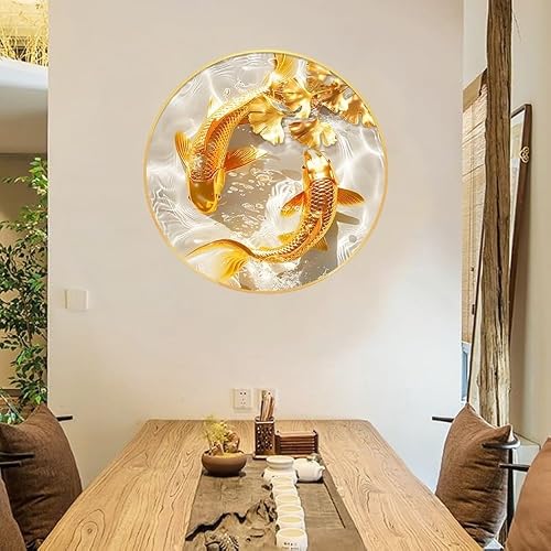 DAJIAYIQI 3D Wall Art, Circular Koi Fish Wall Decor, Lucky Gold Framed Crystal Surface Wall Sculpture, Modern Feng Shui Wall Hanging Painting for Entrance Dining Room Decor(B,60cm/23.6in)