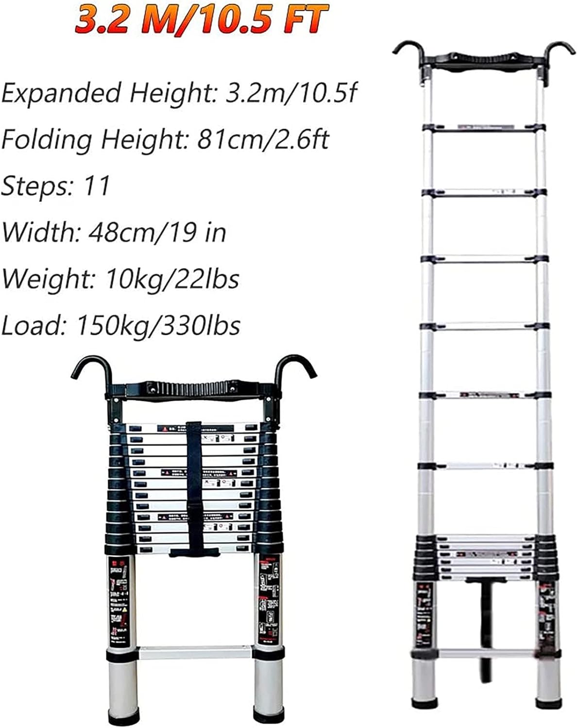 Ladderscopiladder with Detachable Hook, Aluminum Portable Extension Ladder for Climb Home Builders Attic Work Place Emergency Use, Load 150Kg/3.2M/10.5Ft