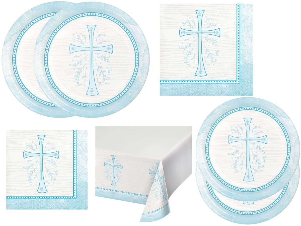 Party Creations Blue Cross Devotion Religious Party Supplies - Disposable Tableware Kit - Communion Baptism Bundle Includes Plates, Napkins, and Table Cover for 16 Guests (65 Pieces)