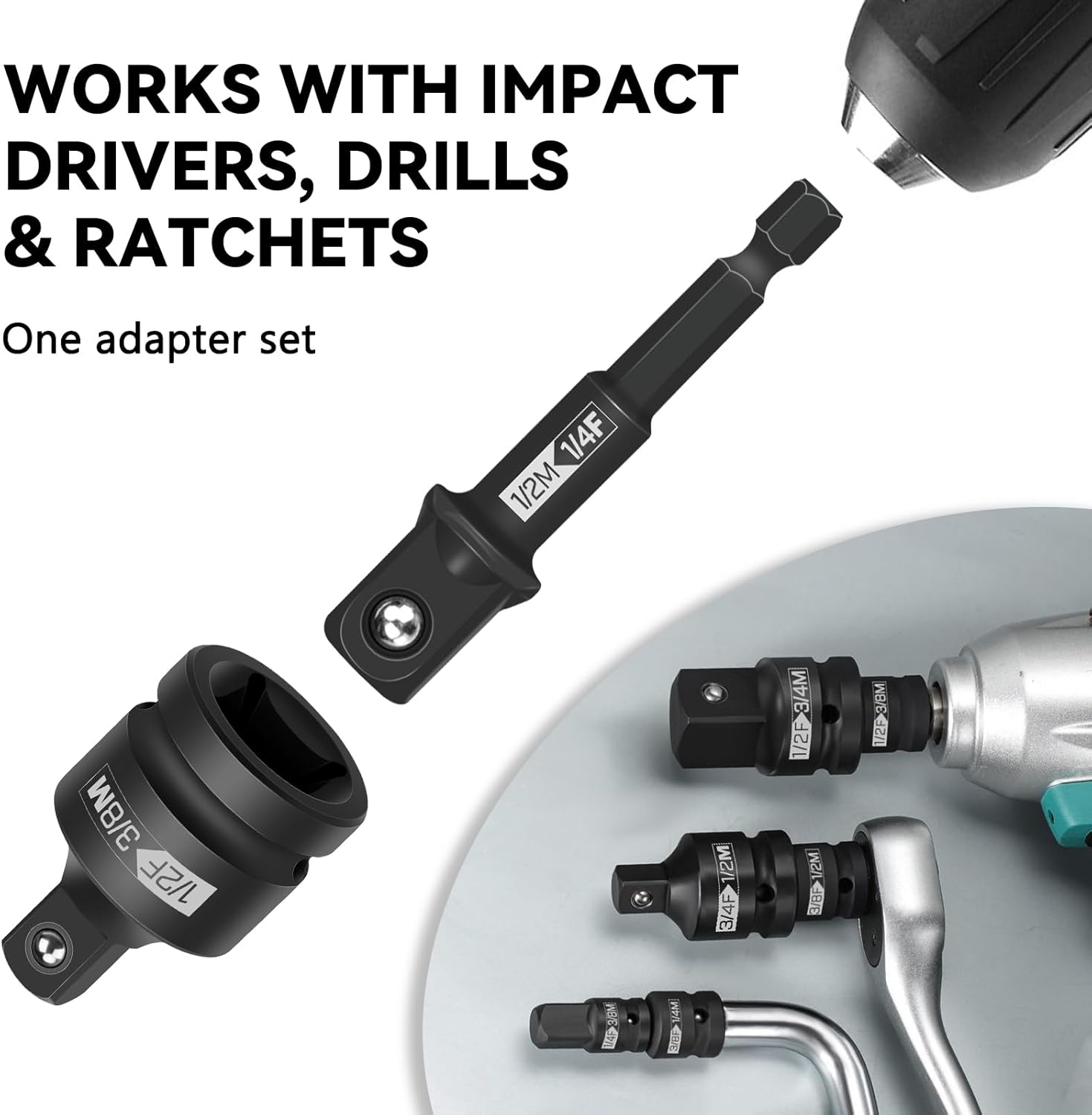 Impact Socket Adapter Set, 9-Piece 1/4” 3/8” 1/2” 3/4” Drive Reducer & Expander with Hex Shank, Heat-Treated Steel, Secure Ball Detent for Impact Driver, Drill & Ratchet