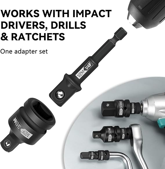 Impact Socket Adapter Set, 9-Piece 1/4 3/8 1/2 3/4 Drive Reducer & Expander with Hex Shank, Heat-Treated Steel, Secure Ball Detent for Impact Driver, Drill & Ratchet