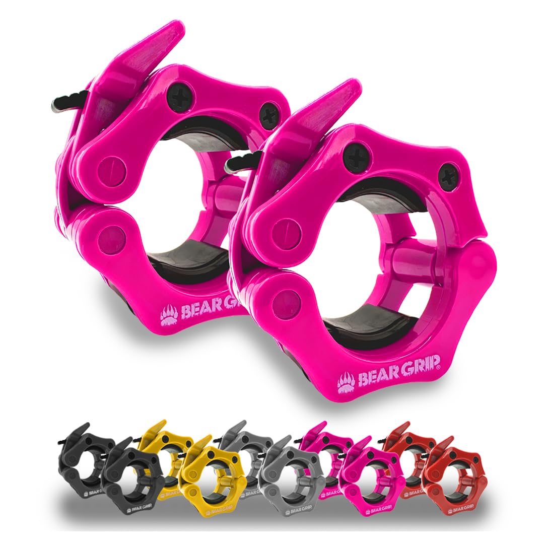 BEAR GRIP Barbell Clamps Collars - Pair of Quick Release Weight Barbell Clips for Weight Lifting, Crossfit, Strength Training Barbells (Pink, 2 Inch / 50mm)
