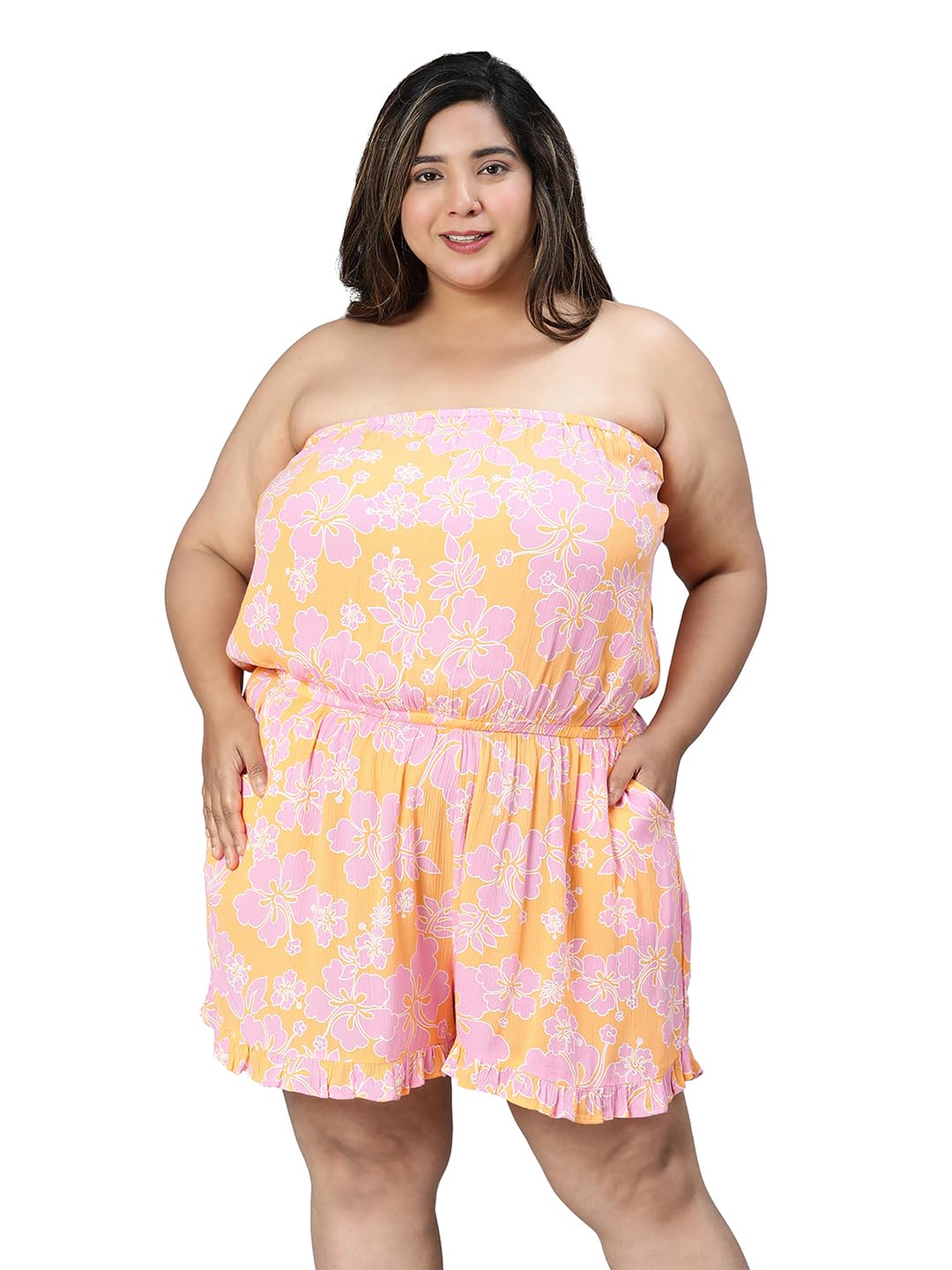 Women Plus Size Floral Print Elasticated Off-Shoulder Beachwear Playsuit