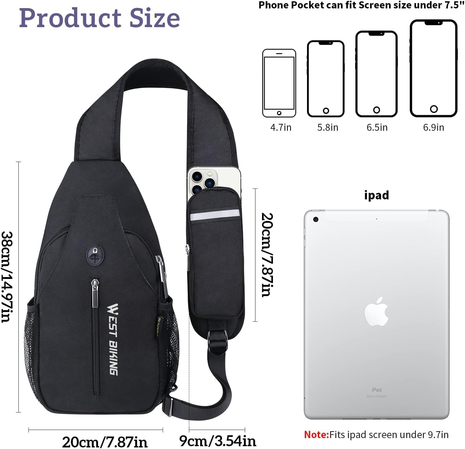 West Biking backpack showing large capacity main pocket with elastic keyring, front pocket, front button pocket, and side water bottle pocket.