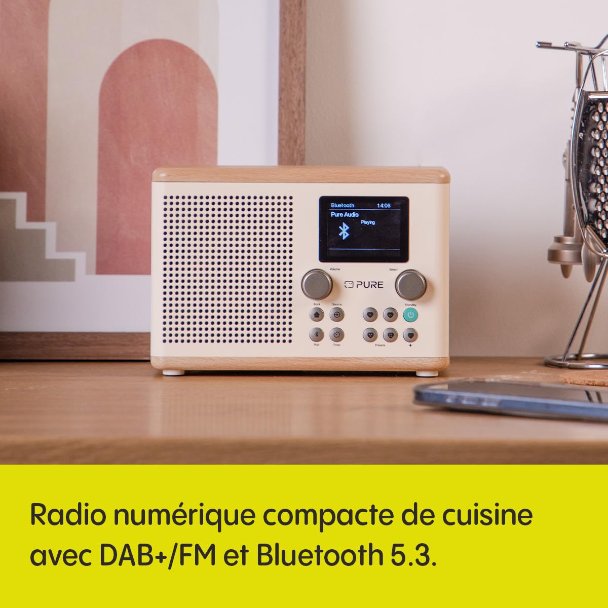 Pure Classic H4 Radio de Cuisine numérique (Dab+/FM, Bluetooth, USB, AUX, minuterie de Cuisine, Alarme), Blanc Coton/Chêne
