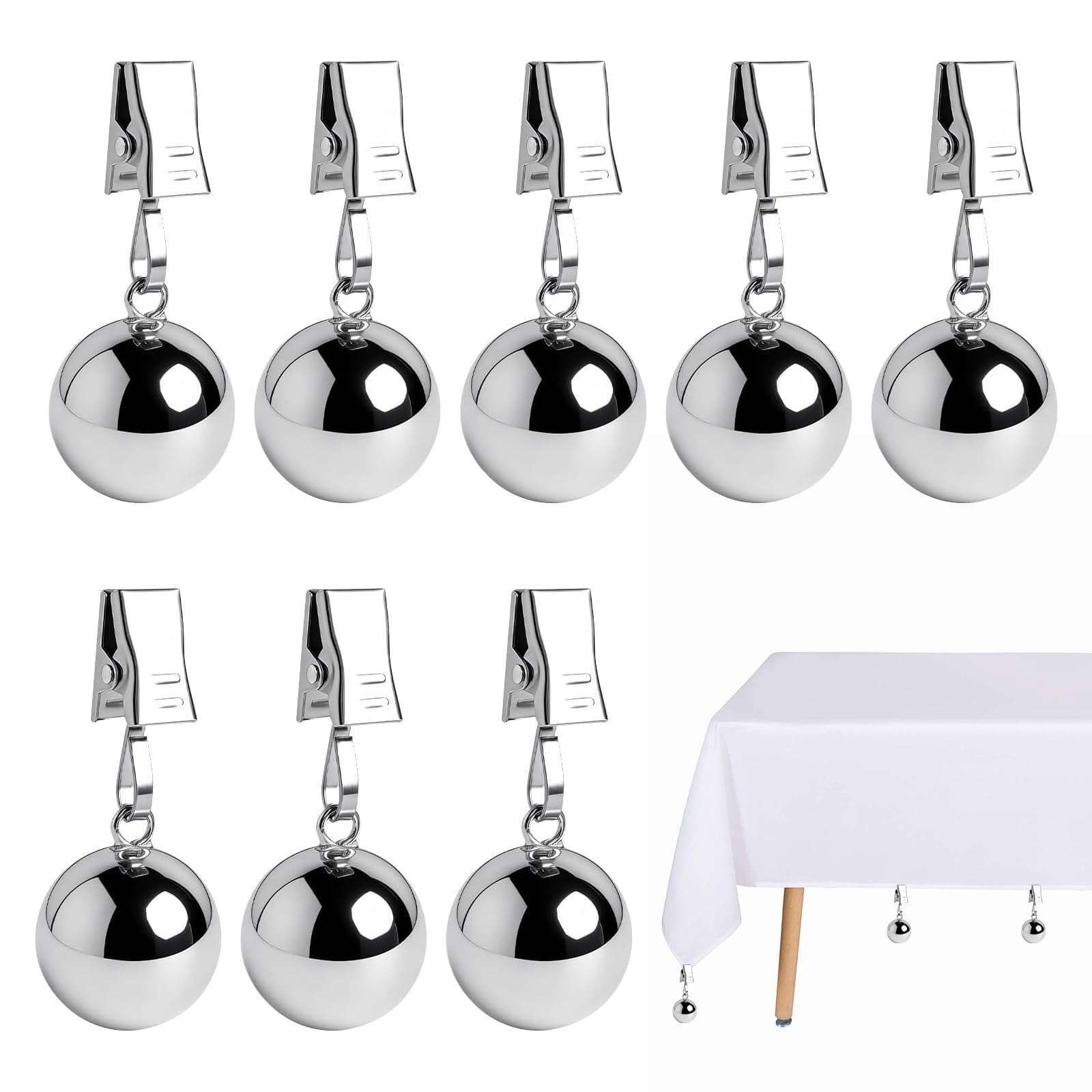 nplaseta Tischdeckenbeschwerer 8 Stück Stabile Tischdecken Gewichte, Extra Schwere Rostfreie Edelstahlkugeln mit Clips Gewichte für Vorhänge, Tischdeckengewichte für Outdoor Tischdecken Vorhänge - 2