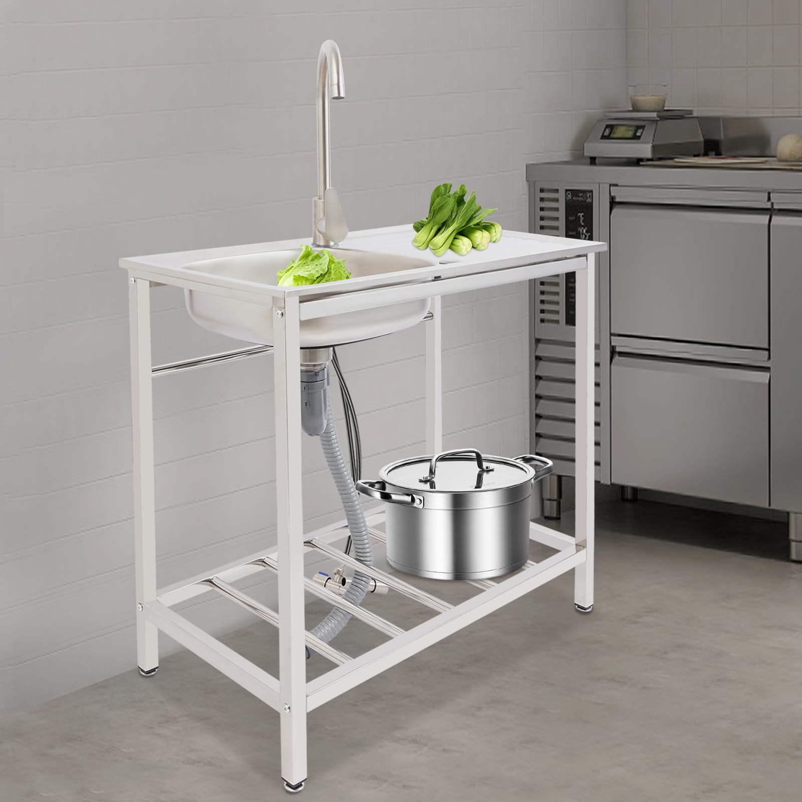 Freistehende Einzelspüle 75 * 40 * 75cm Edelstahl Spüle mit Filter 65cm Abflussrohrs und 360°Wasserhahn Spüle Geruchsresistenz Edelstahl Küchen mit Ablagefach für Küchen Waschküche Badezimmer