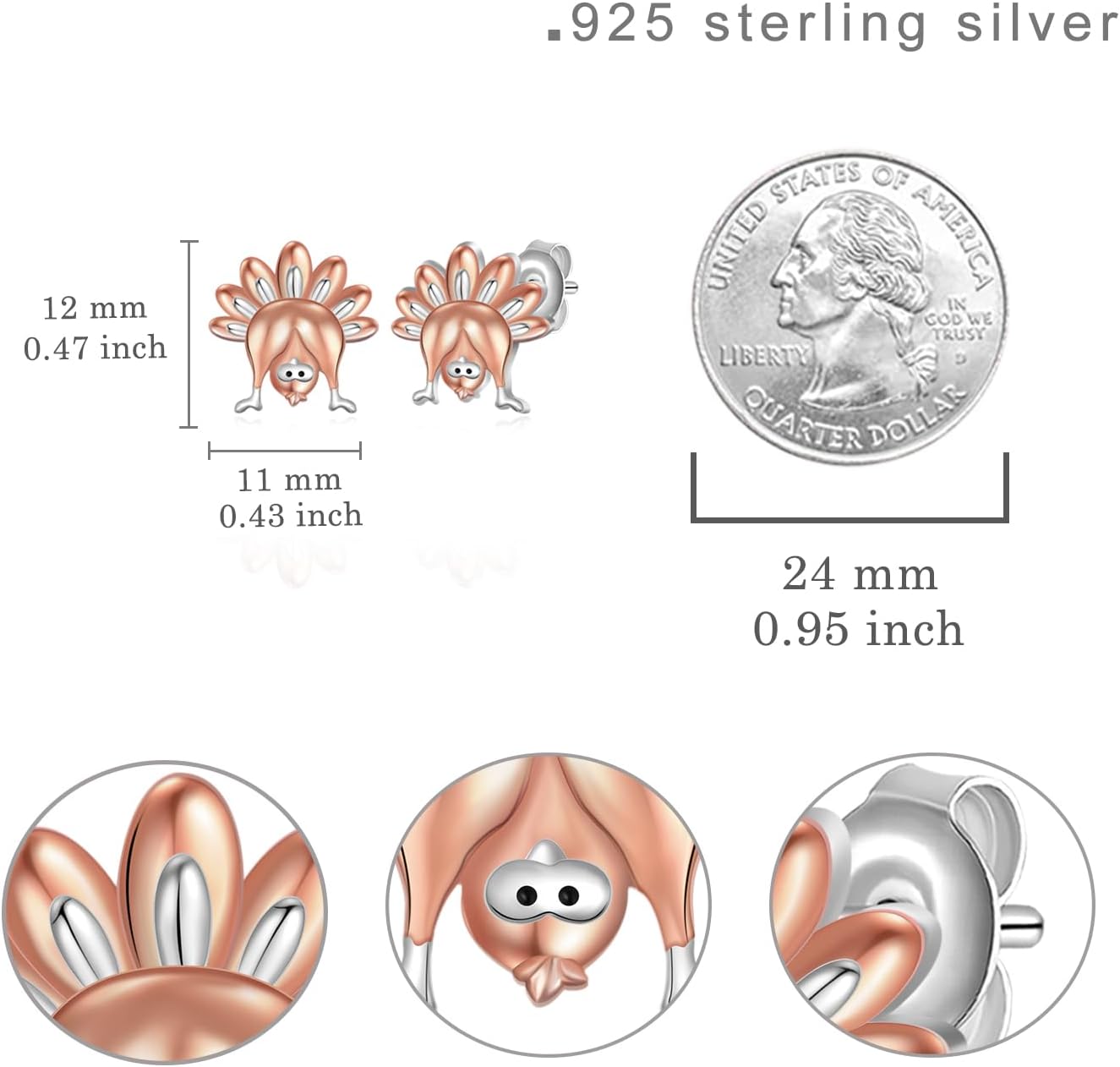 Sterling Silver Thanksgiving Turkey Earrings - Cute Thanksgiving Turkey Jewelry Gifts for Women