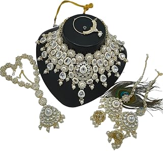 Kundan Bridal Jewellery Set with whiteEnamel, Gold Plated Necklace Earrings Maang Tikka, Traditional Indian Wedding Set, 3... Price In India