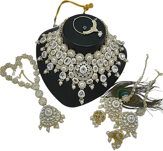 Kundan Bridal Jewellery Set with whiteEnamel, Gold Plated Necklace Earrings Maang Tikka, Traditional Indian Wedding Set, 3...