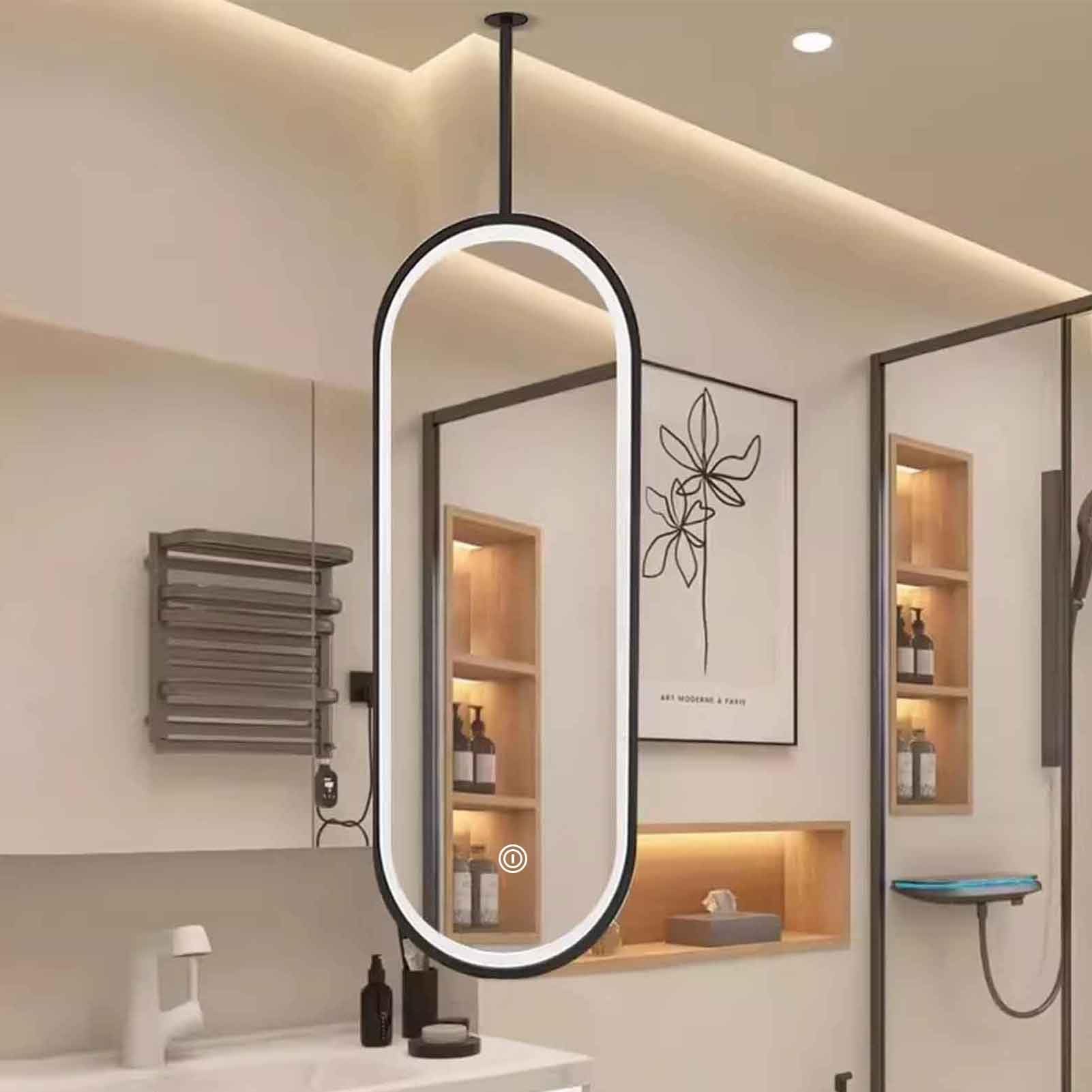 FGXHHS Black Metal Frame Oval Ceiling Mounted LED Makeup Mirrors Floating Bathroom Shaving Mirror - Customizable Suspended Rod(40cmx70cm)