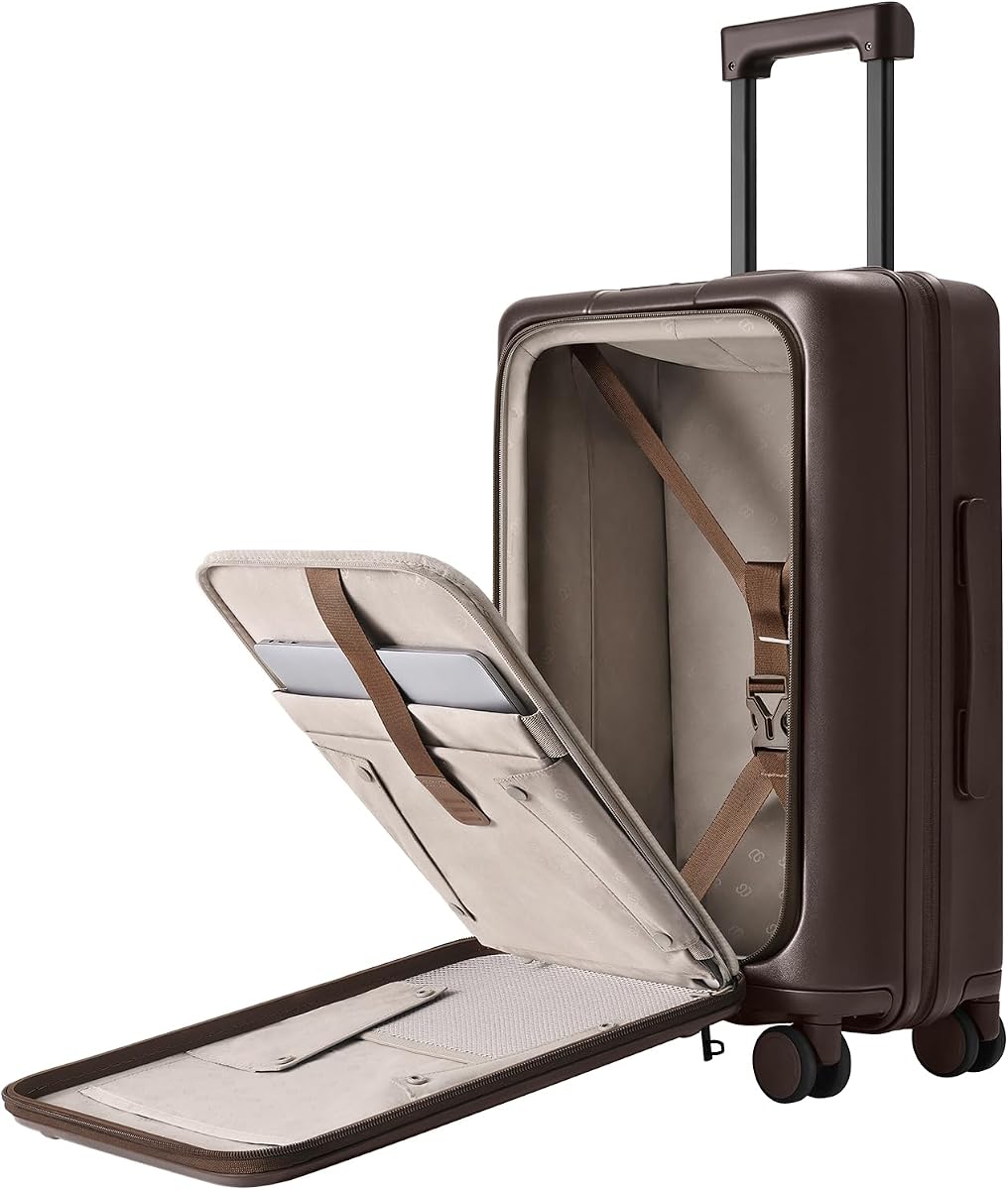 NINETYGO Top Opening Carry On Luggage 22x14x9, Coffee Journey Luggage | Top Open Design Suitcase, Coffee-Infused PC Hard Shell, Eco-Friendly, Cup Holder, TSA Lock, Spinner Wheels (Americano)