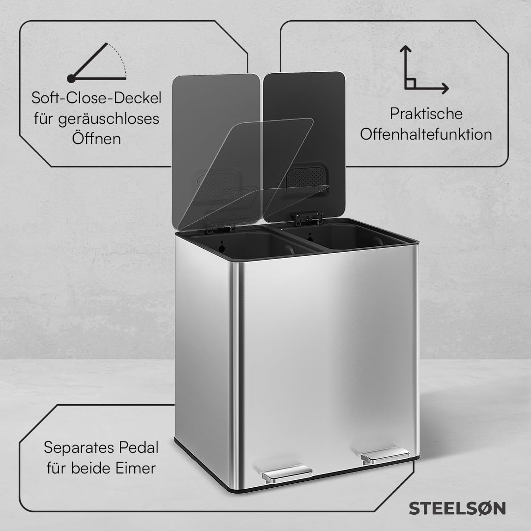STEELSØN Gloas Mülleimer 2 Fächer – Mülltrennsystem Küche 2x15 L aus Edelstahl Silber – Tretmülleimer mit Soft-Close-Funktion & Geruchsfilter – Abfalleimer mit Inneneimer für Recycling & Restmüll