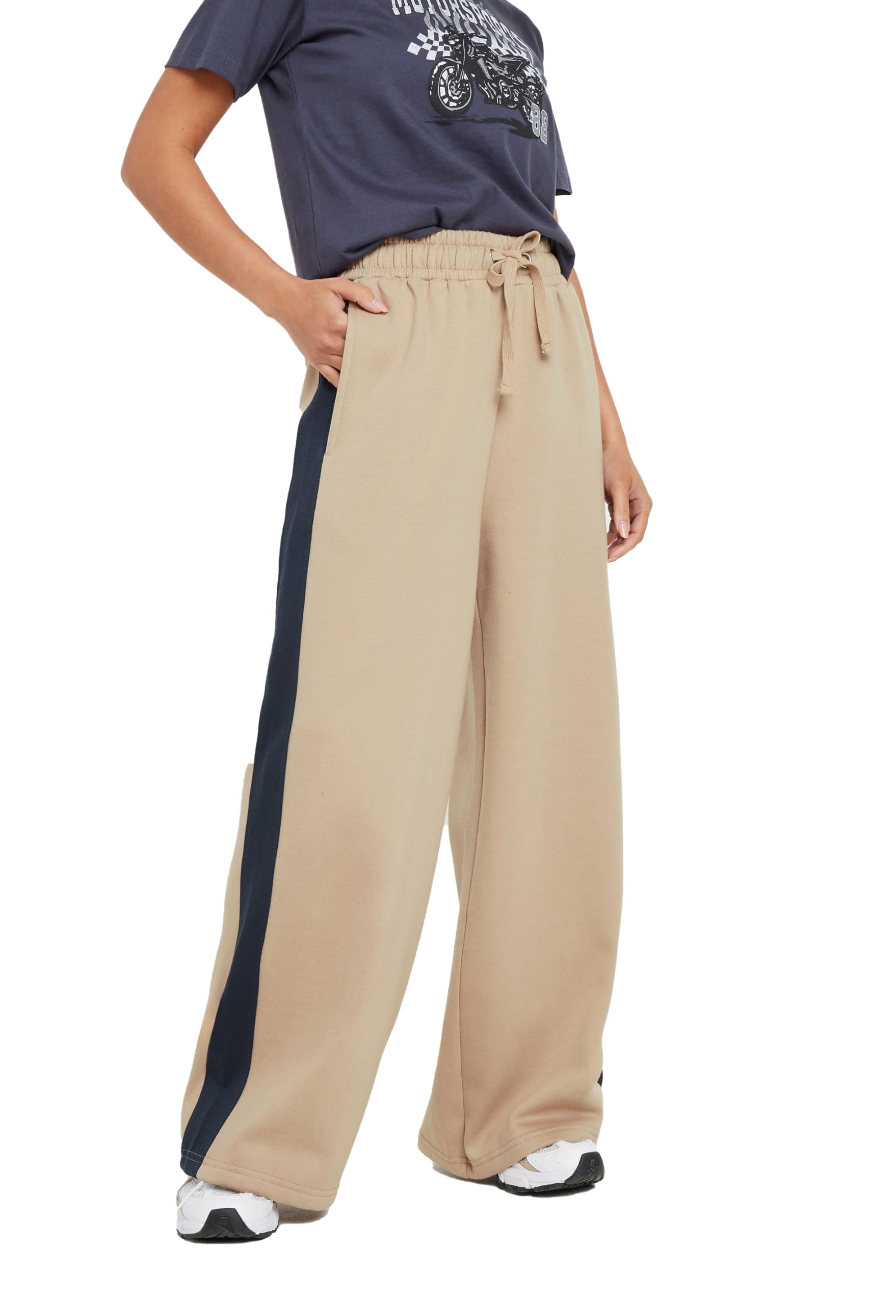 PixieGirl Beige Brown Side Striped Wide Leg Jogger Petite