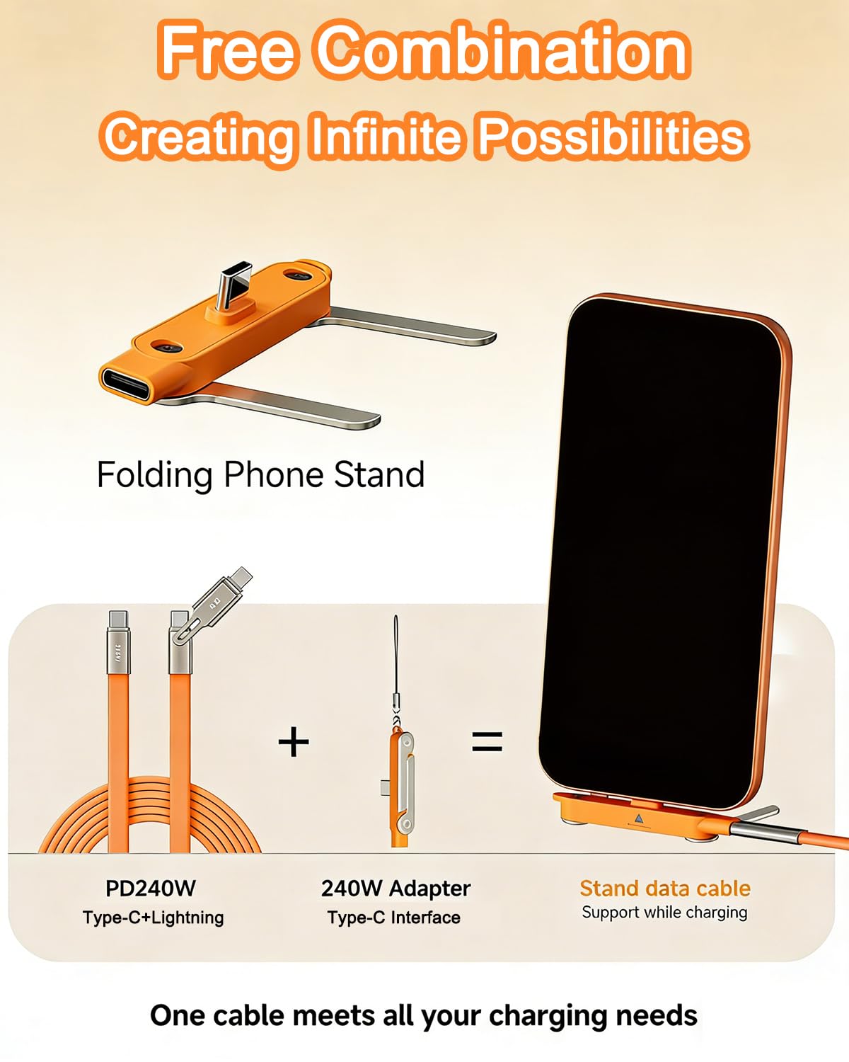 Cable de Carga Rapida 240W Soporte Plegable Telefono Movil, Desmontable 2 en 1 Tipo C, Cables Datos de Teléfono Plegables Invisible Portátil Automóvil Viajes Juegos (Orange Stand) — view 2