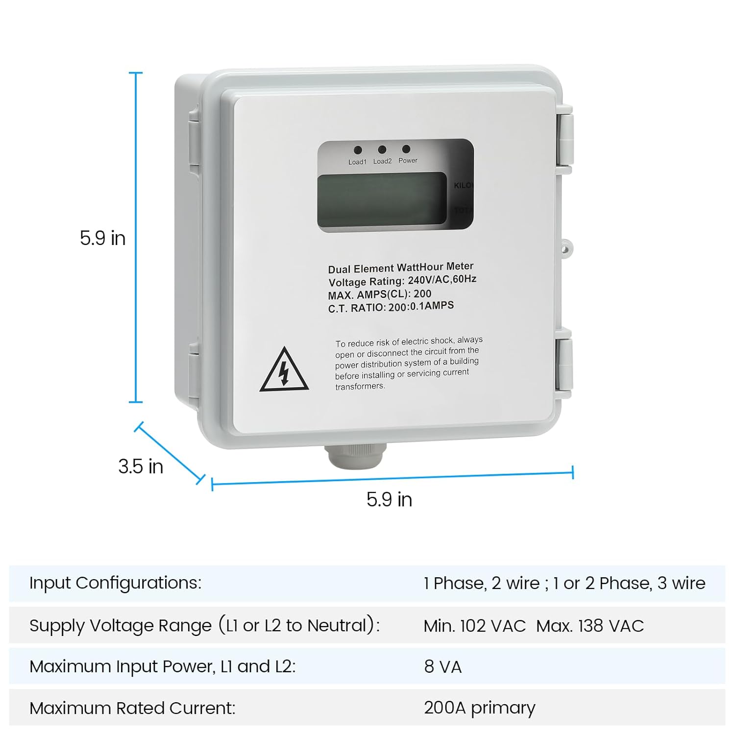 Dimensions of the Zuomeng ZM-155 Power Meter: 5.9 inches height, 3.5 inches depth, 5.9 inches width.