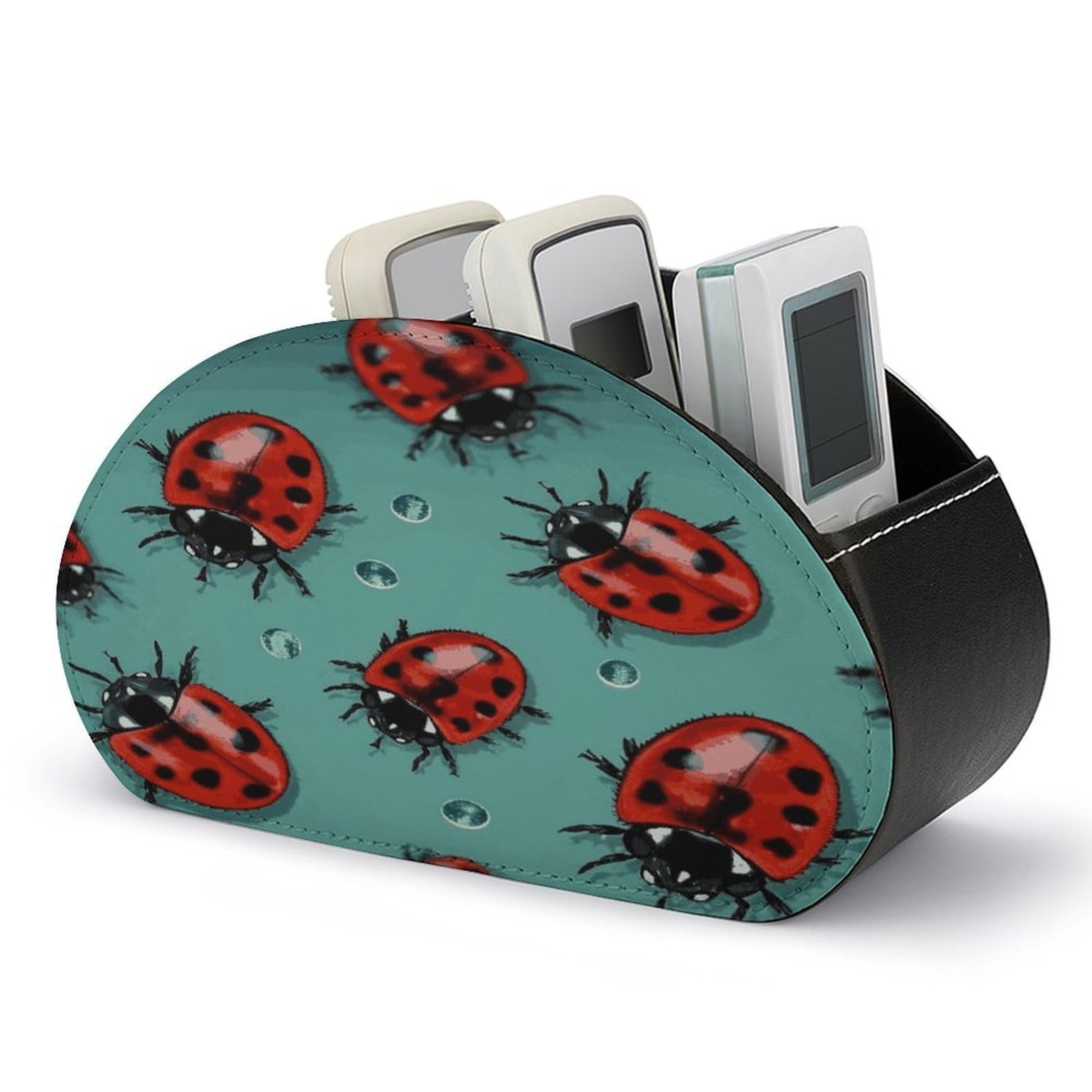 FekiLoot Red Ladybugs On A Blue Background Remote Control Holder, PU Leather Remote Control Organizer Box Stationery Remote Control Box Desk Storage Organizer for DVDs,Glasses,Pens,Media Players
