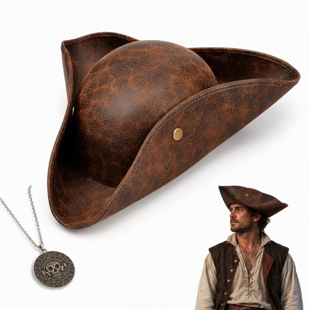 Efuwfugc Pirate Hat Adult, Tricorn Hat with Necklace, Costume Accessories