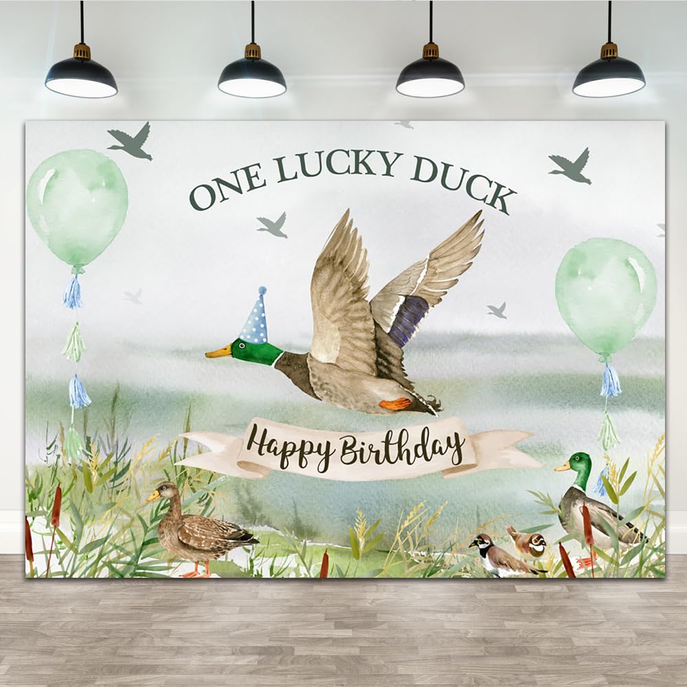 Lofaris 7x5ft Happy 1st Birthday Backdrop Child's First Birthday Background One Lucky Duck Animal Photography One Year Old Bday Party Decoration Duck