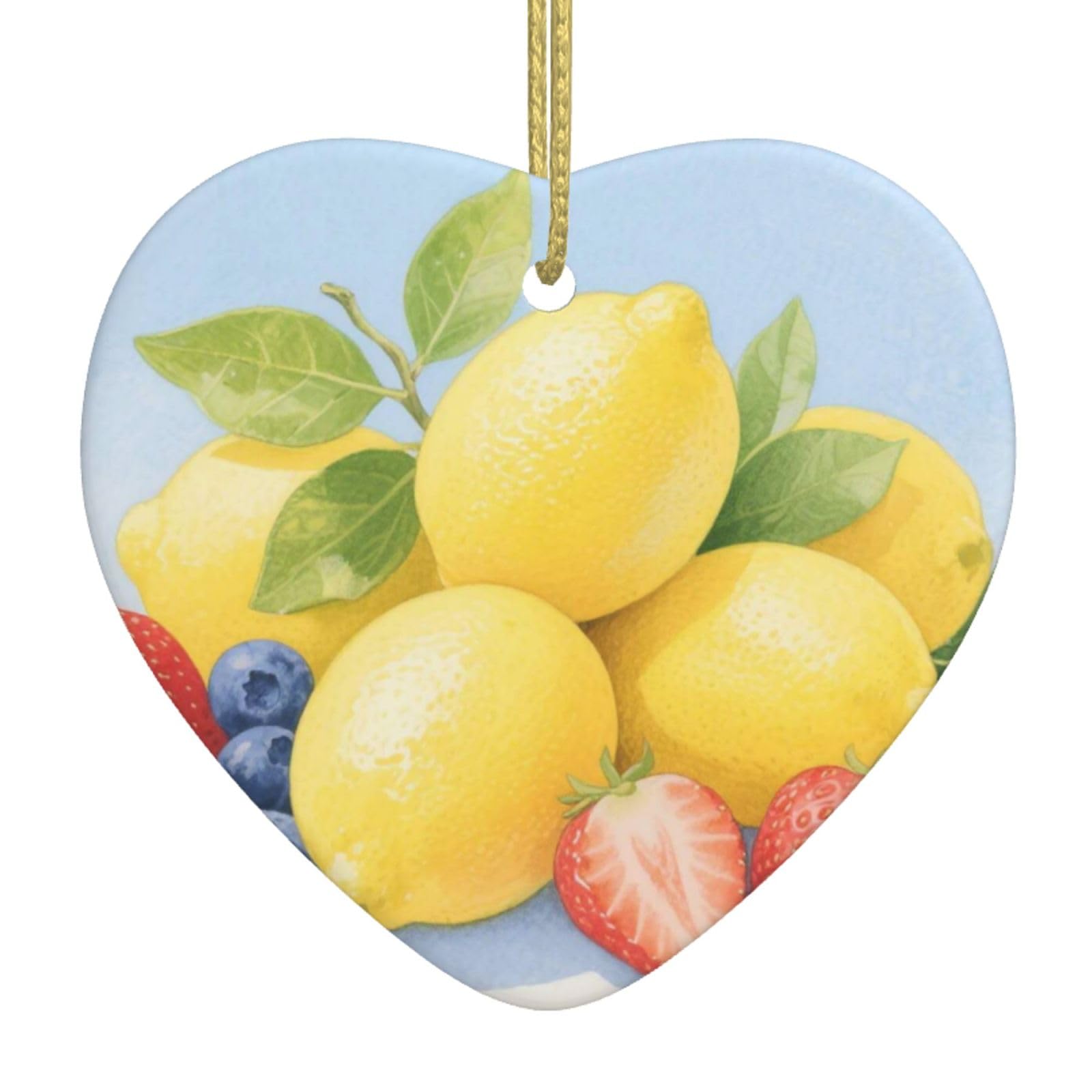 Fruit Lemon Christmas Ornament 2025 Heart Ceramic Hanging Ornaments for Home Decor Christmas Decorations with Gold Rope Double-Sided Xmas Tree Ceramic Hanging for Holiday Party
