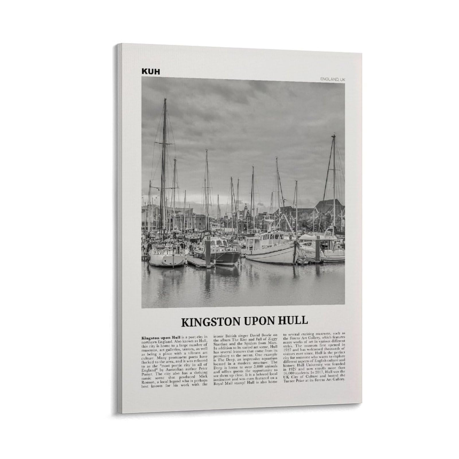 LZTEN Kingston Upon Hull Print Black and White, Wall Art, Poster, Photo, Wall Décor, England, UK, United Kingdom Canvas Wall Art