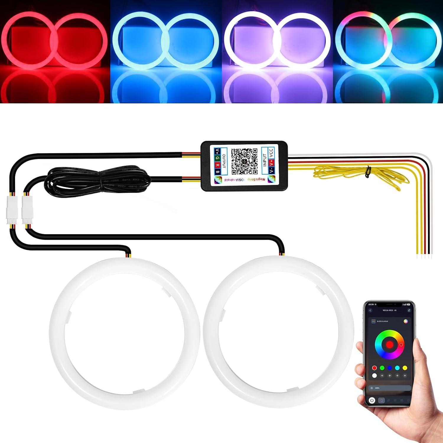 Qasim 80MM LED Angel Eyes Halo Anelli di cotone Luci 12 V RGB universale per auto moto Scooter Moto DRL del faro APP Controllo Bluetooth Multi-Color 2-Pack