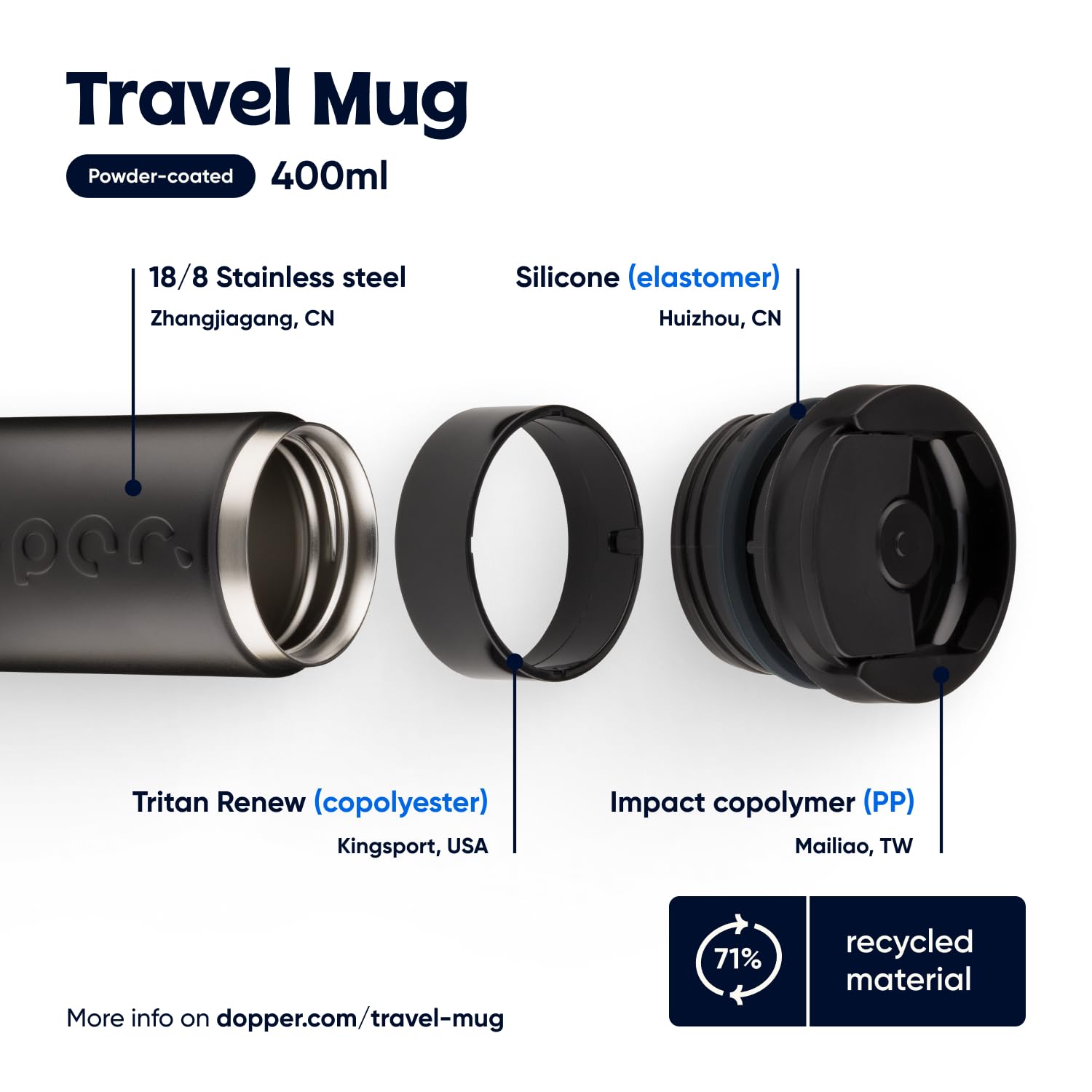 Dopper Mug de voyage isotherme 400 ml, noir blazing – Gobelet isotherme anti-fuite pour boissons gazeuses, 6h chaud/20h froid, 90 % acier inoxydable recyclé