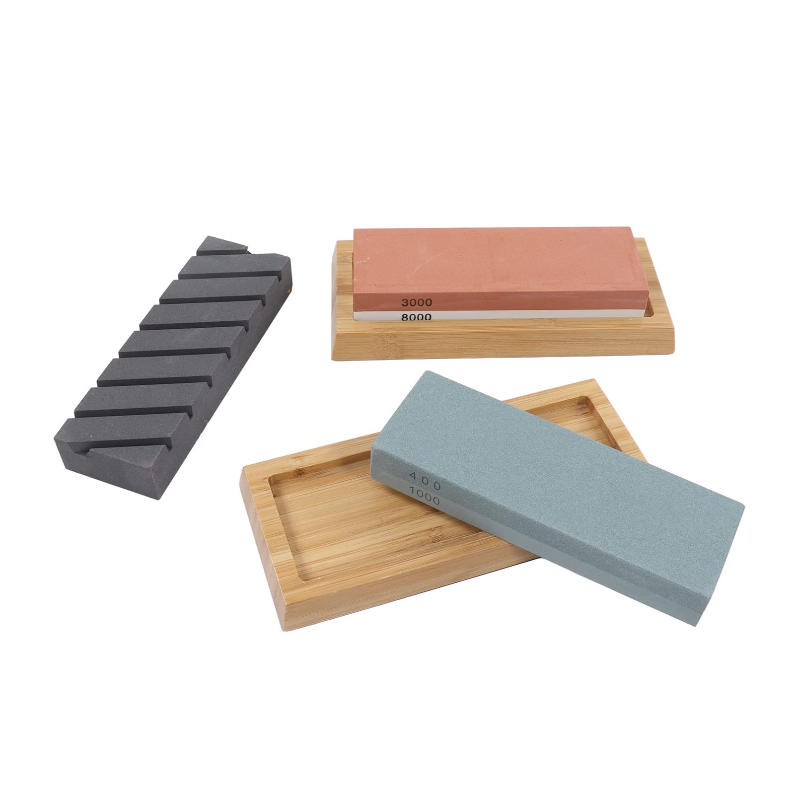 Juego de piedras de afilar con guía de ángulo de piedra aplanadora, kit de pulido y base de madera para cuchillos, tijeras, cinceles, herramientas de jardín, 4 piedras de afilar