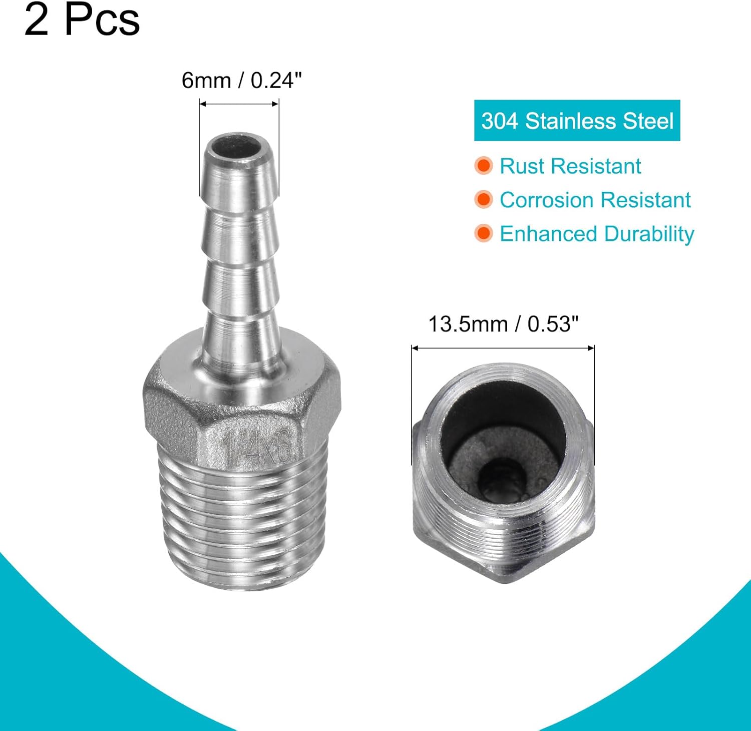 MECCANIXITY Hose Barb Fitting 6mm OD x 1/4PT Male Thread 304 Stainless Steel Straight Pipe Connector for Water Air Fuel, Pack of 2