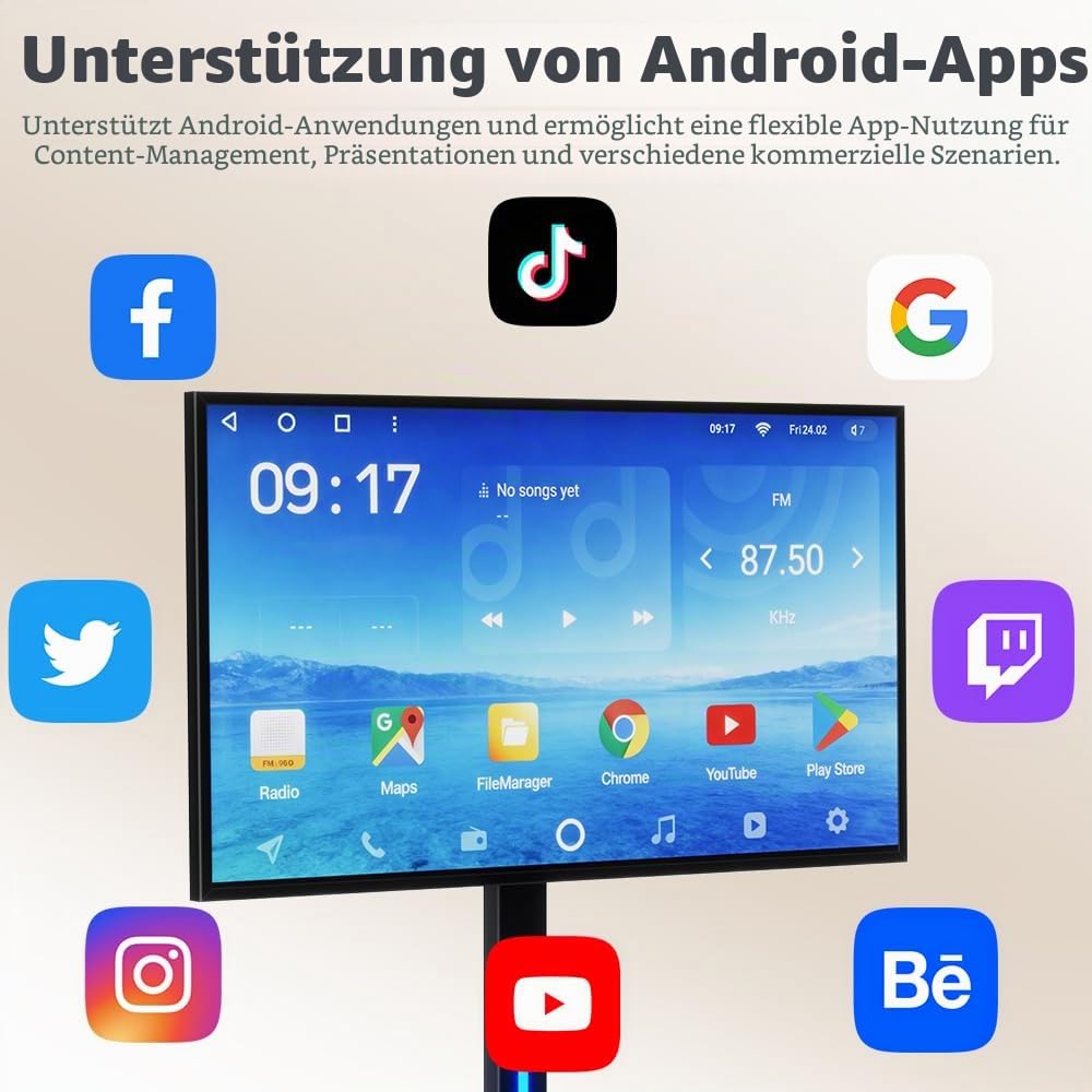 32" Digitaler Kundenstopper, Smartphone Steuerung, Touchscreen Digital Signage Werbedisplay LCD mit Android 14, Interaktiver Gehwegaufsteller für Geschäft