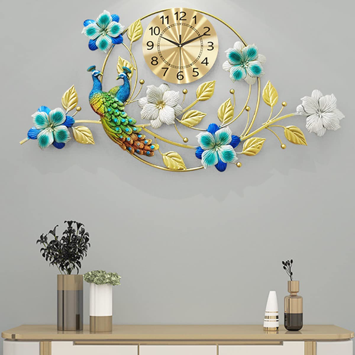 QIYFOZ Peacock Flying Southeast Wall Clock, Iron Modern Wall Clock Large 3D Peacock Shape Non Ticking Silent Clock Style for Living Room Home Decoration