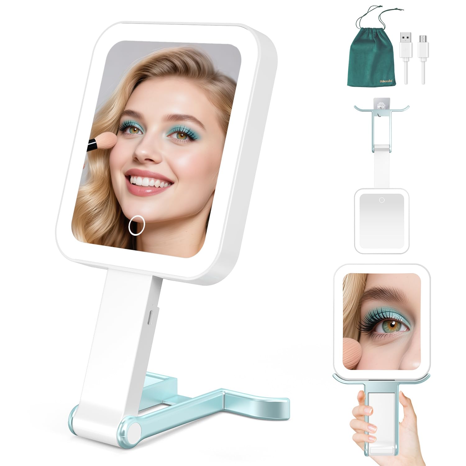 Mocado Blue Makeup Mirror With Light, Double Sided 1X/10X Magnifying Makeup Mirror Rechargeable Tabletop Vanity Mirror With 3 Color Light, Dimmable Touch, Handhold & Travel, 13.2Cm(Blue)
