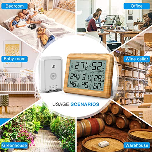 AMIR Indoor Outdoor Thermometer, 3 Channels Digital Hygrometer Thermometer with 3 Sensor, Humidity Monitor Wireless with LCD Display, Room Thermometer and Humidity Gauge for Home(Wooden Yellow)