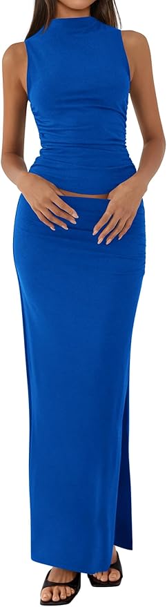 BTFBM Summer Two Piece Skirt Set for Women 2025 Dressy Lightweight Sleeveless Knit Top Going Out Split Maxi Skirt Set