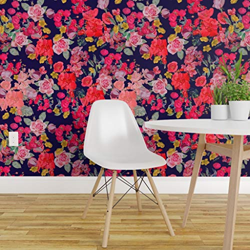 Spoonflower Peel & Stick Wallpaper 12Ft X 2Ft - Antique Floral Print Navy Coral Pink Red Flowers Vintage Pretty Roses Custom Removable Wallpaper #TOP1