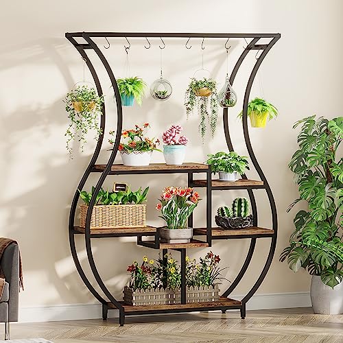 Image of Tribesigns 6-Tier Plant Stand, 70.9 Inch Tall Plant Shelf with 10 Hanging Hooks, Vase Shape Ladder Plant Stand, Multi-Purpose Plant Display Rack for Indoor, Balcony, Living Room, Brown and Black