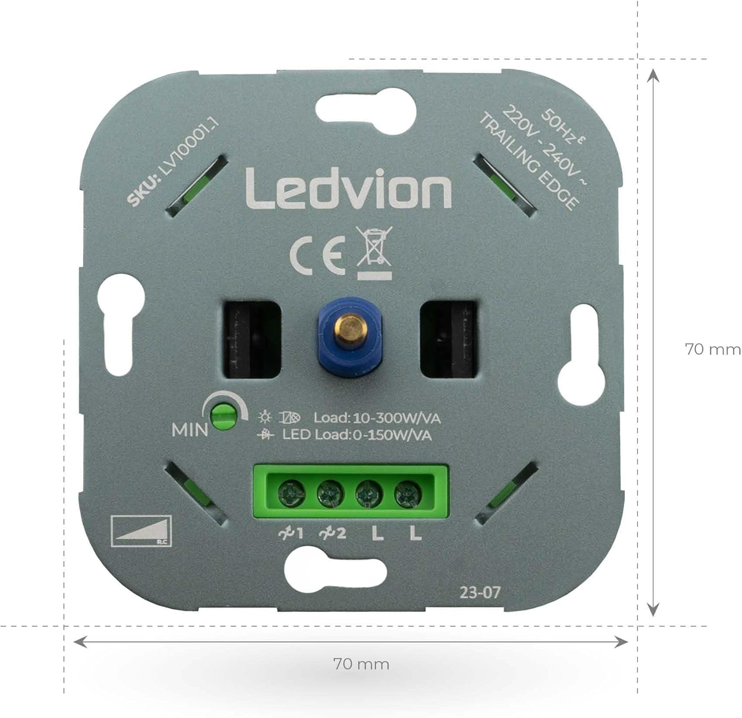 Technical drawing of the Ledvion LED dimmer showing its dimensions of 70mm by 70mm.