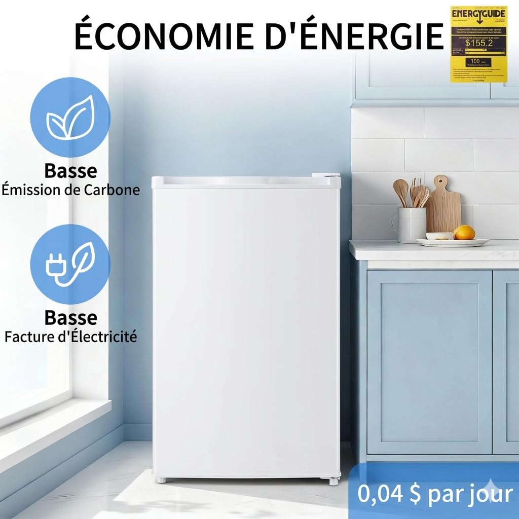 Mini réfrigérateur 91 L avec congélateur porte simple, thermostat 7 réglages, silencieux, compact blanc