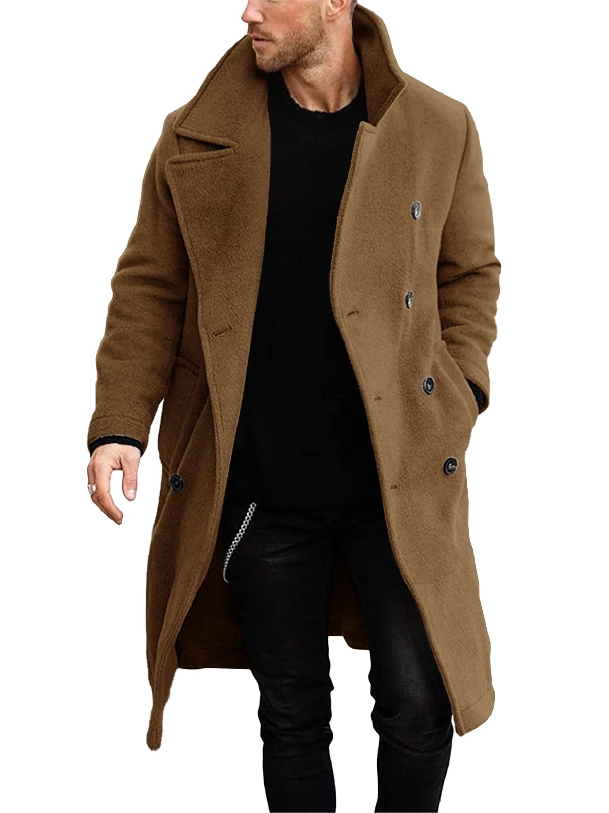 makkrom Mens Double Breasted Trench Coat Casual Lapel Collar Business Winter Long Overcoats, Brown, Medium-picture-21
