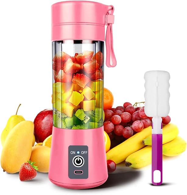 Ksera Portable Blender, Smoothie Juicer Cup, Personal Mini Blender for Smoothies, Shakes- Six Blades, USB Rechargeable Travel Handheld Fruit Juicer (Pink)