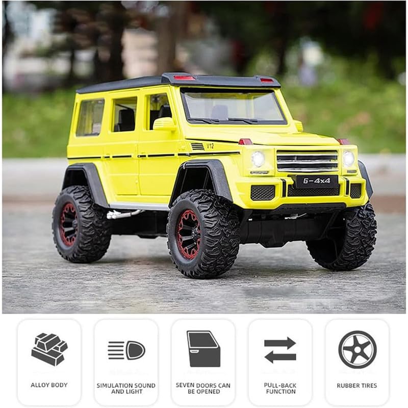 Image of Kids Model 1:32 AMG 4X4 Die Cast Metal Car Pull Back Action Opening Doors with Realistic Engine Sound Lights Toy Car Gift for Boys - Yellow