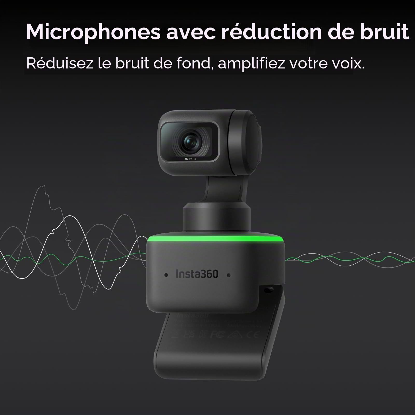 Insta360 Link - Webcam PTZ 4K avec capteur 1/2", suivi de l'IA, contrôle gestuel, HDR, microphones avec réduction du bruit, modes spéciaux, pour ordinateur portable, caméra vidéo pour vidéoconférence,