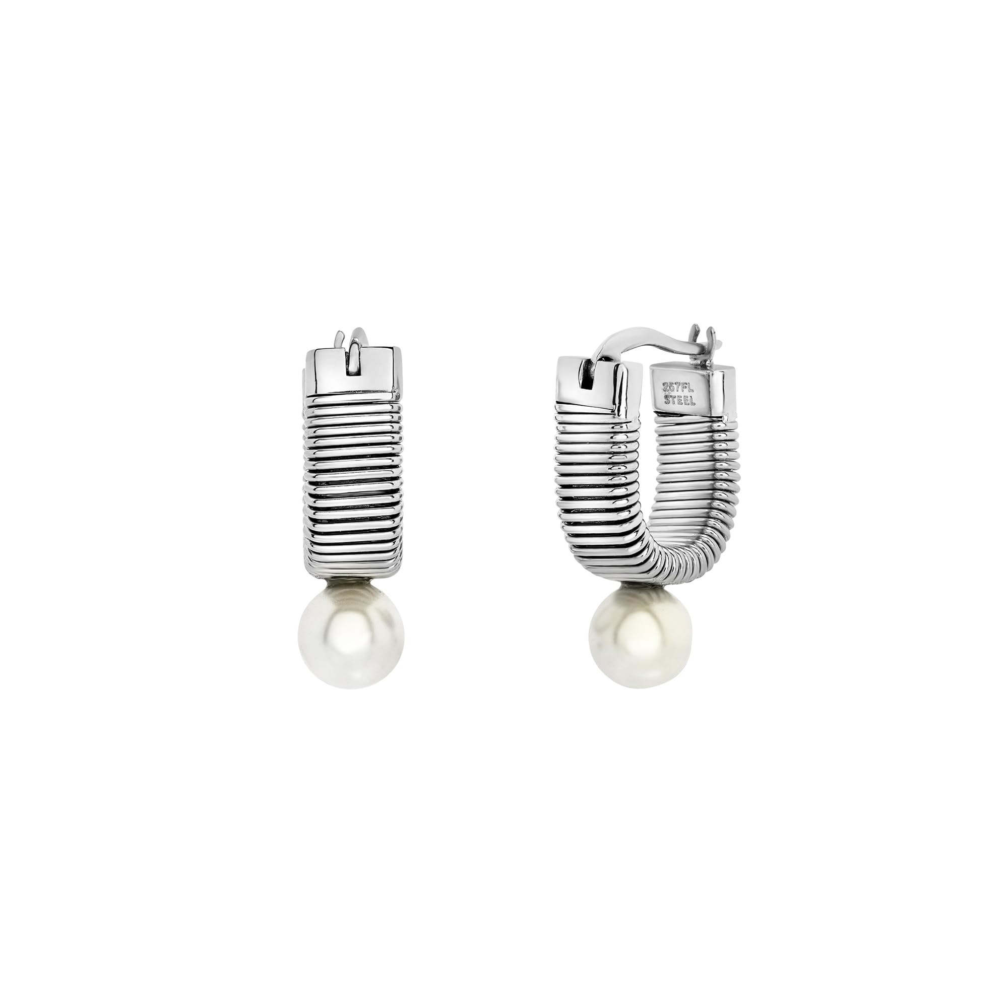 Breil, Collezione Stylize, Orecchini Donna in Acciaio, Orecchini Hoop Effetto Tubogas con Pendente Madreperla, Chiusura a Baionetta, Lunghezza 23 mm, Idea Regalo Donna