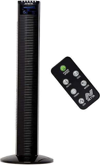 NETTA Tower Fan, 36 Inch Oscillating with Remote Control, LED Display, 3 Speed Settings With 8 Hours Timer, Bladeless Floor Fan for Bedroom Living Rooms Kitchen Home Office - Black
